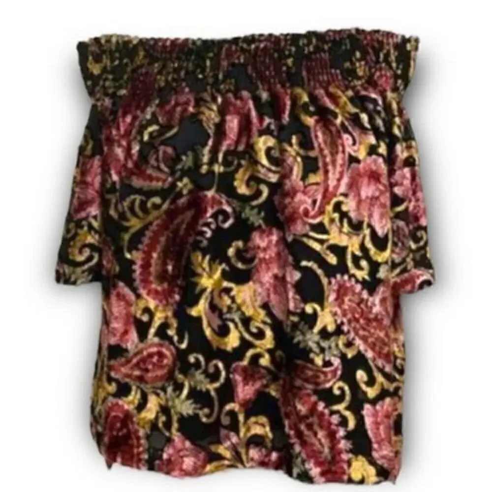Anthropologie Seen Worn Kept Off the Shoulder Velvet Floral Embossed Top Black M